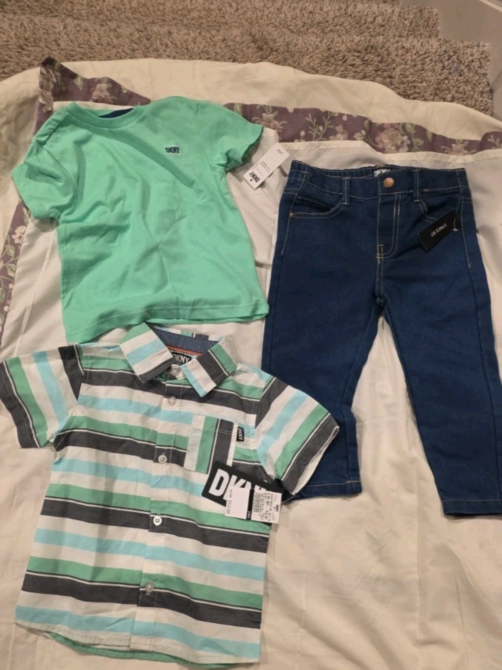 DKNY Mint Green Tee & Mint/Gray Striped Button Shirt Set